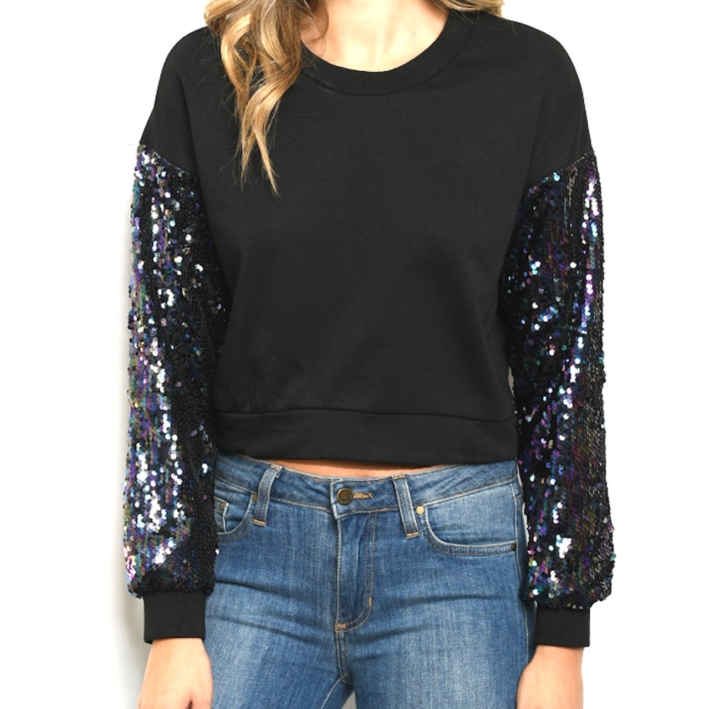Sequin Sleeve Crop Sweatshirt Top